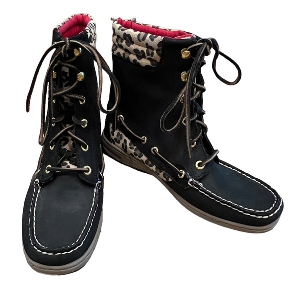 Sperry Top-Sider Duck Boots Womens 7.5 Black Leopard Lined Lace Up - Picture 1 of 16